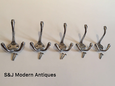 Triple 3 Hook Coat Hooks Iron Antique Vintage 1883 Hat Rack Chrome Grey Set of 5