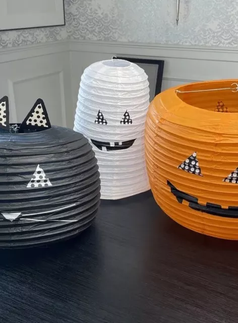 (3) Pottery Barn Halloween Asian Paper Lamp Lanterns Ghost Pumpkin Black Cat