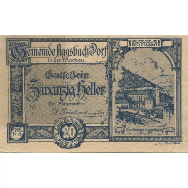 [#285037] Banknote, Austria, Aggsbach Dorf, 20 Heller, Eglise, 1920, UNC Mehl