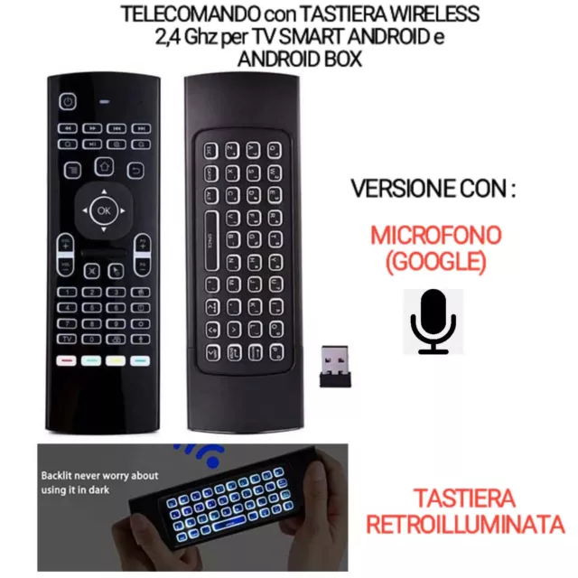 Telecomando Tastiera ILLUMINATA Wireless Mouse Android SmartTV Box + MICROFONO