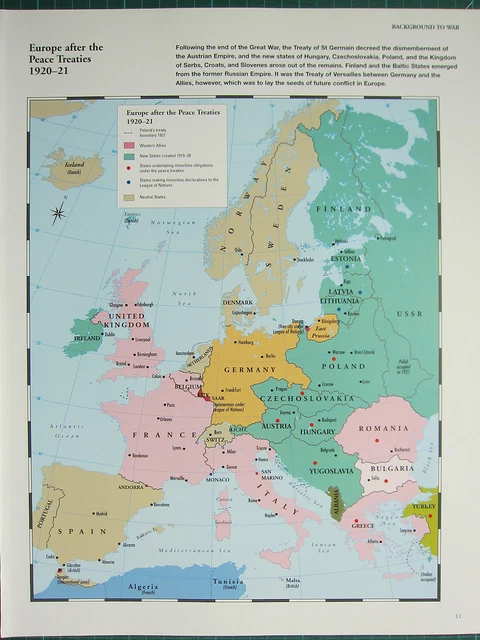 WW2 WWII MAP ~ EUROPE after PEACE TREATIES 1920-21 ~ LEAGUE NATIONS 