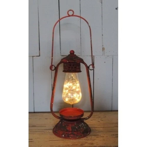 NEW Primitive Rustic RED Metal Lantern LED Distressed Farmhouse Christmas 16"x6"