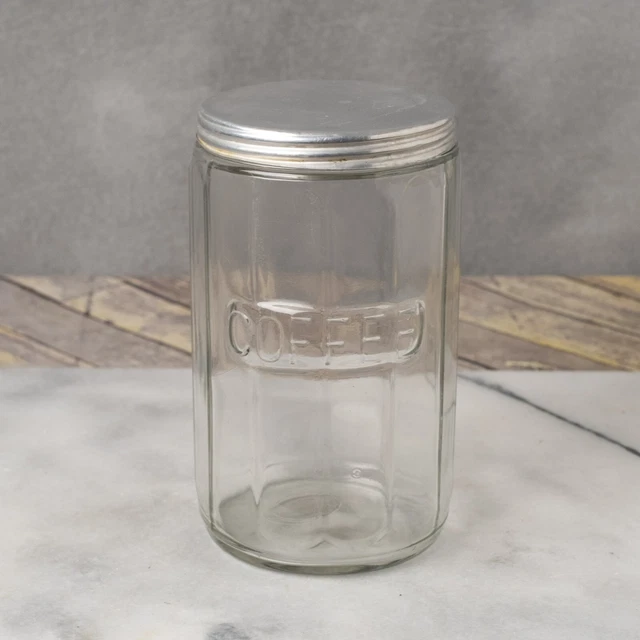 HOOSIER STYLE CABINET Sneath Coffee Glass Jar Canister Paneled with Metal Lid 8"