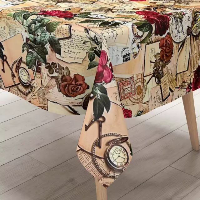 Toile Cirée Nappe Table au Mètre K122A Roses Cartes Postales Poche Carré Rond