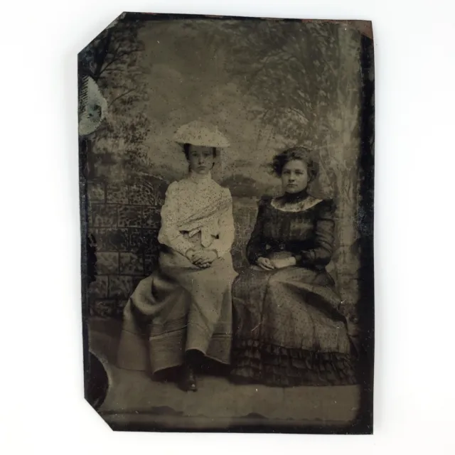 Seated Young Women Studio Tintype c1870 Antique 1/6 Plate Backdrop Photo D930