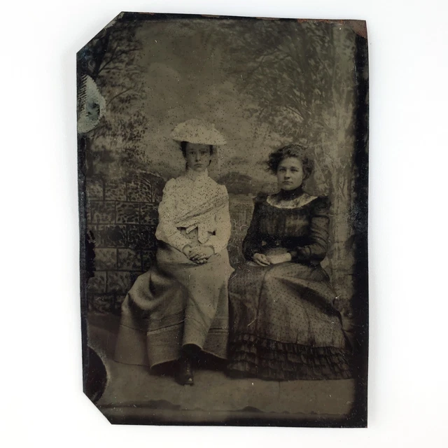 Seated Young Women Studio Tintype c1870 Antique 1/6 Plate Backdrop Photo D930