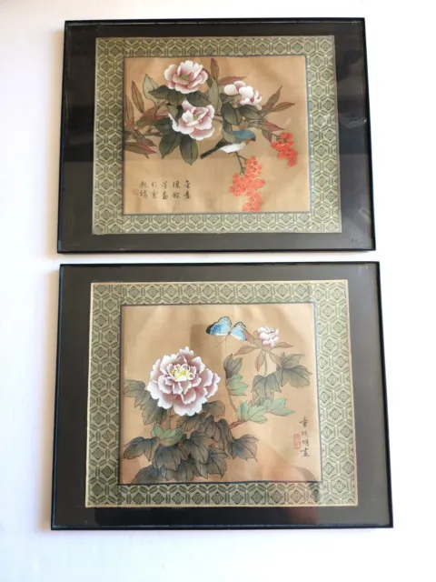 Vintage Signed Chinese Silk Embroidery Framed Oriental Handmade Panels Set Birds