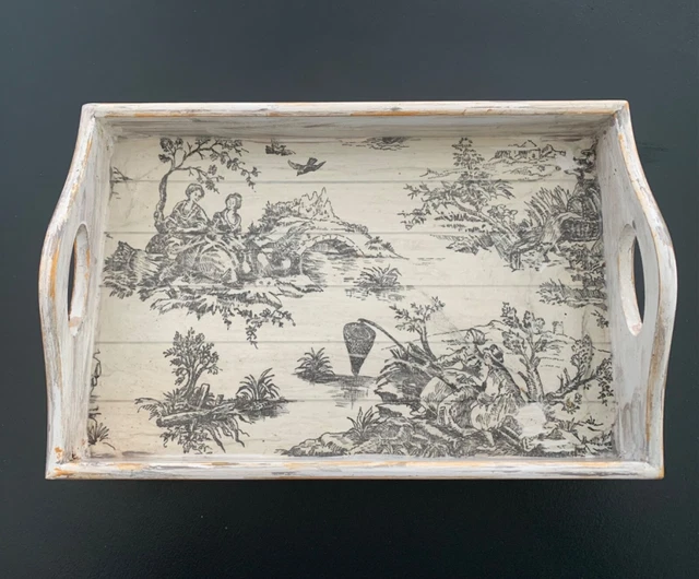 Sofá de madera vintage estilo francés, bandeja para sillón decoupado y pintado a mano