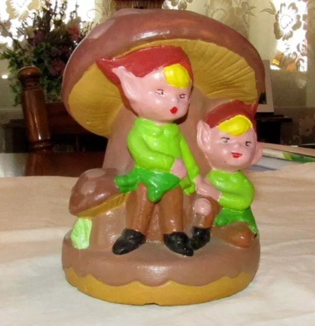 Vintage Pottery Pixie Elves Elf Pixies Under Mushroom Garden Decor CUTE!