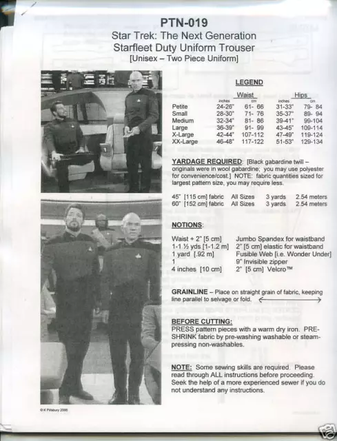 Star Trek TNG Next Gen Unisex Pants Pattern:  P-XX    PTN-019