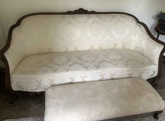 Mid 19th Century STYLE Mahogany  Cream Damask Sofa And Footstool