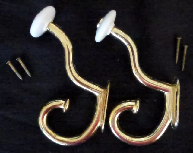 Lot of 2 NEW Vintage ALLISON Brass Plated Porcelain Wall Mount Coat Hooks 589