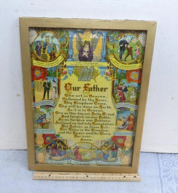 ANTIQUE LORDS PRAYER & 10 Commandments Lithograph Print Hanging Wall