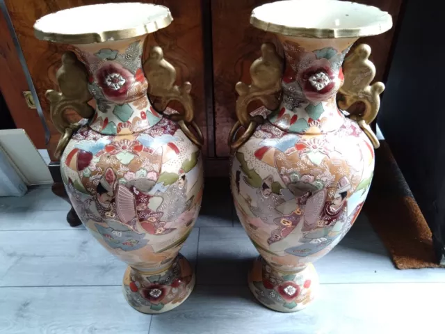 A Stunning Pair of Large Handpainted Satsuma Gilt Handled Vases