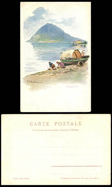 Schweiz alte Postkarte Luganersee Boot Waschmaschine J.I. Redmond Künstler signiert