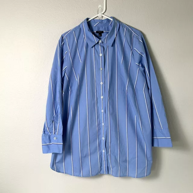 Talbots Top Womens Plus Size 2X Blue White Striped Button Up Long Sleeve Cotton