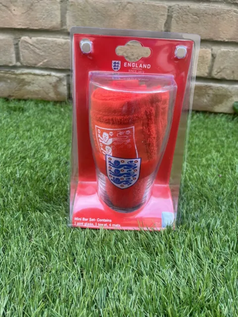 Official England Football Mini Bar set Pint Glass Bar Towel 4x coasters New