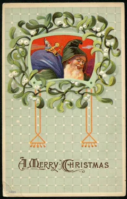 GREEN ROBE SANTA CLAUS w PURPLE SACK - MERRY CHRISTMAS Embossed Postcard - c1910