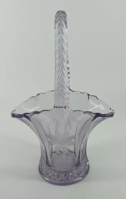 Depression Glass Handled Basket Etched Floral Design Light Purple 9.5" x 6"