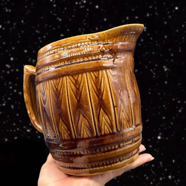 Vintage Art Pottery Brown Glaze Barrel Motif Pitcher Carafe 1960s Vessel 7”T 6”W 3