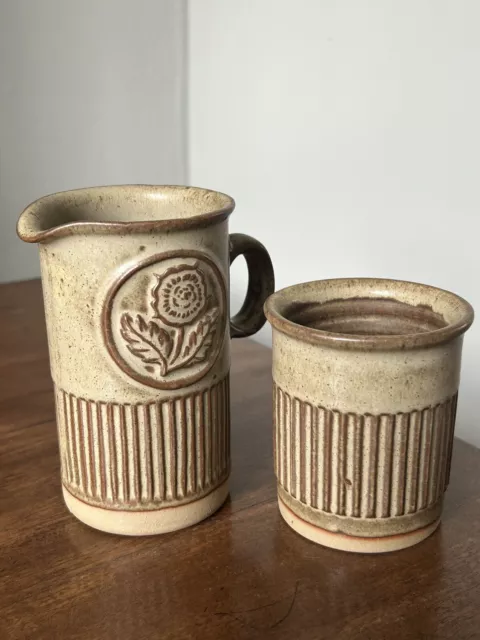 VINTAGE brown ribbed milk jug + sugar bowl studio pottery stoneware with rose