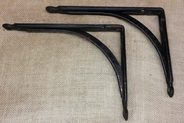 2 Old Shelf Support Brackets 6 X 8" Rustic Black Paint Vintage Industrial Steel 2