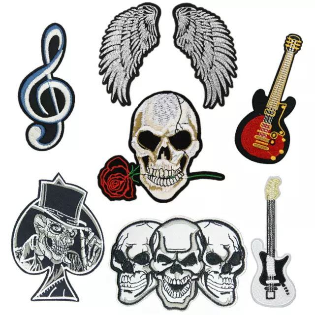 Embroidered Skull Guitar Angel Iron-on Sew-on Fabric Applique Patch Badge UK