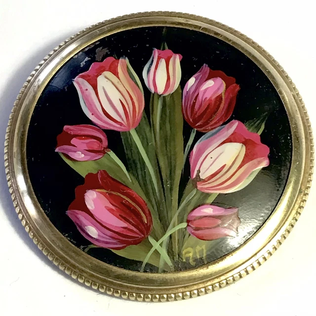 Broche Vintage En Celluloïd Années 50 - Bouquet De Fleurs Peint Sur Laiton - Collection