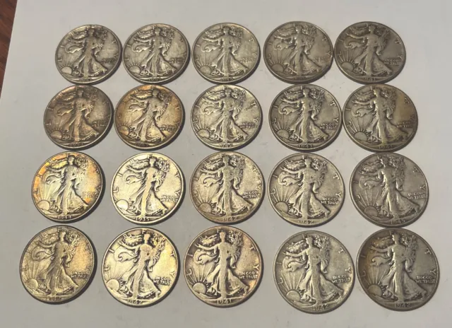 Walking Liberty 90% Silver Half Dollars $10 Face Lot (B) Of 20 Coins