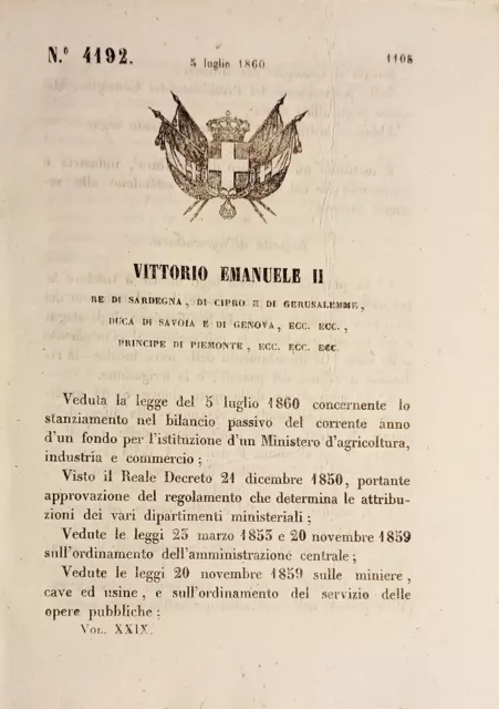 Decreto Regno Sardegna Ministero d'Agricoltura, Industria e Commercio 1860