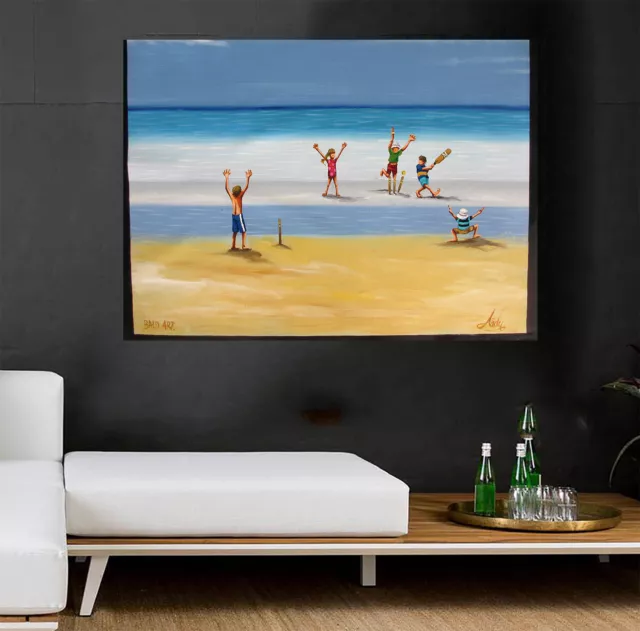 Cricket world cup Art signed Painting Beach canvas Australia ocean seascape