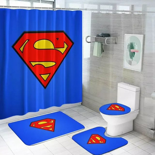 Superman 4PCS Bathroom Rug Set Shower Curtain Non-Skid Toilet Lid Cover Bath Mat