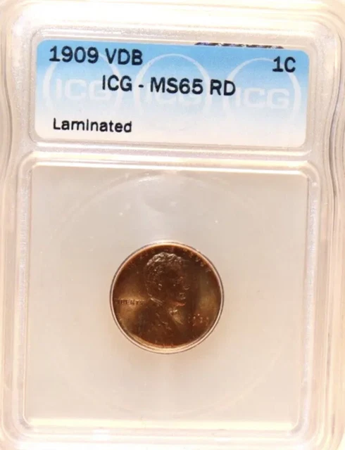 1909 VDB 1¢ US Lincoln Cent • ICG MS65 RD Lamination ERROR • First Wheat Penny