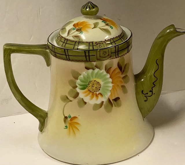 VINTAGE HAND PAINTED Japanese Green Floral Ceramic Teapot 6.5”T 7”W 55