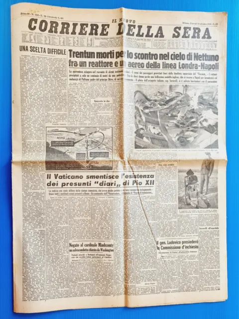 Corriere Della Sera 23 Ottobre 1958 Collisione Aerea Nettuno - Diario Pio Xii