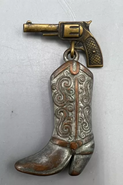 Vintage Old Revolver Gun Six Shooter Pistol Pinback + Metal Cowboy Boot Keychain