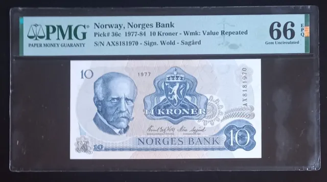 Norway, 10 Kroner 1977, PMG 66.