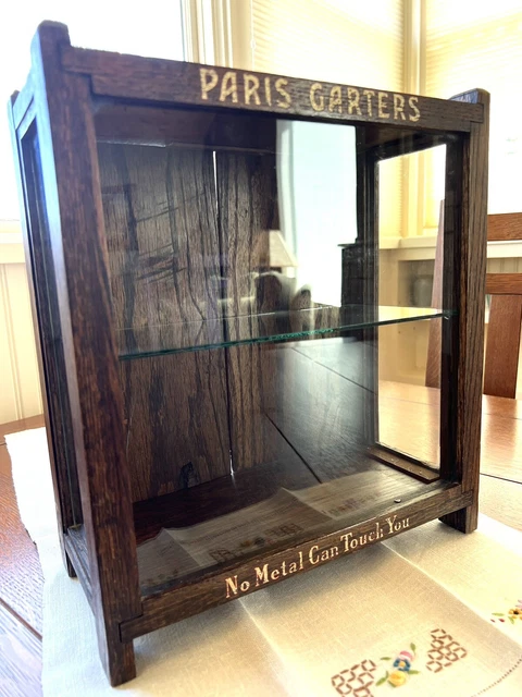 Antique Oak "Paris Garters" Display Case - "No Metal Can Touch You", Great Cond