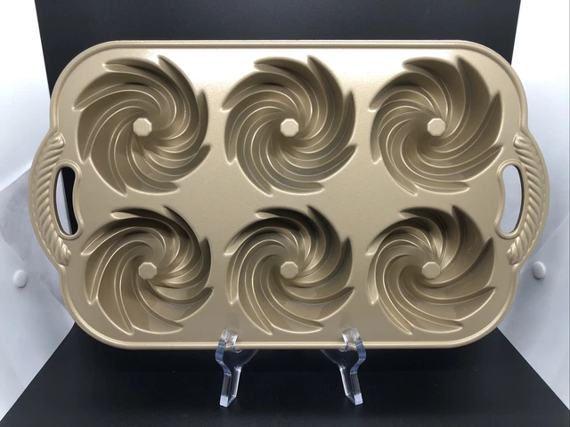 Nordic Wear Heritage Bundtlette Fancy Swirl Cake Pan Non Stick 6 Bundts Gold