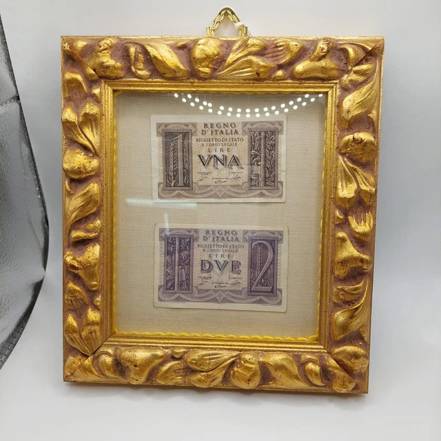 UNA e DUE lire biglietto di stato, autentiche, quadro artigianale.