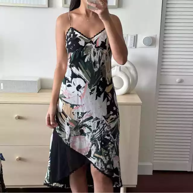 Club Monaco Dress Womens 00 Silk Slip Floral Print Midi Asymmetric Kittrick