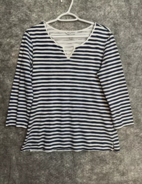 Tommy Bahama Womens Shirt Small Viento Waves Henley Ocean Deep Stripe Blue White