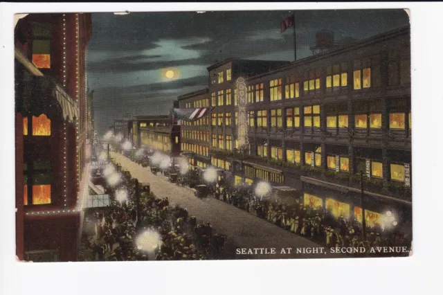 Seattle WA At Night 2nd Ave Dentist Busy Street Moon Divided Back Postcard