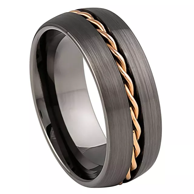 Dome Gun Metal 8mm Men's Tungsten Carbide Ring Rose Gold Rope Inlay