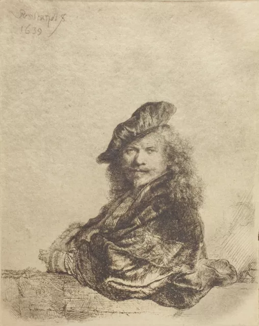 Rembrandt van Rijn, Self-portrait leaning on a stone sill, Etching