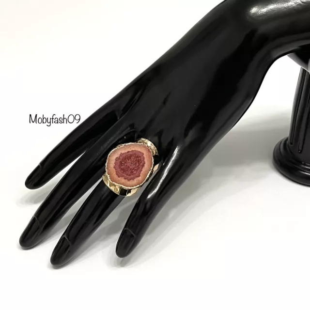 Statement X Large Strawberry Quartz Hammered Gold Handmade Adjustable Cuff Ring