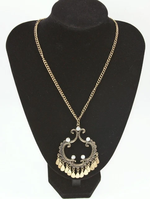 Antique Gold Tone Rhinestone Pendant Necklace Fashion Costume Jewelry jxug New