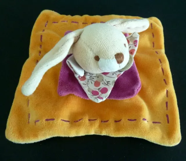 93. DOUDOU ET COMPAGNIE PLAT LAPIN ORANGE VIOLET FUSHIA COL BLANC 16cm TBE