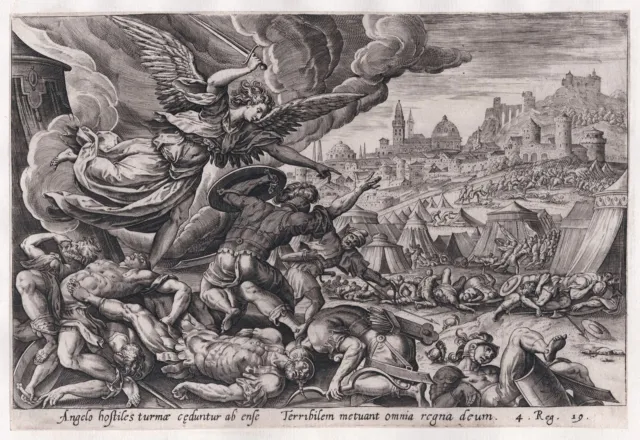 M. de Vos / Angel killing Assyrians Bible Bibel engraving Kupferstich Jode 1580