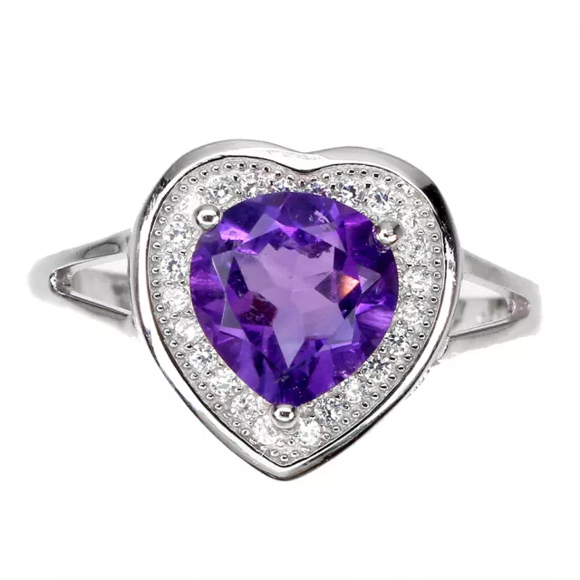 Non Chauffé Coeur Améthyste Violet 8mm Simulé Zircone 925 Bague en Argent